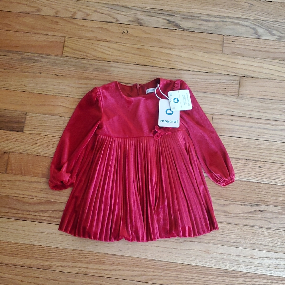 Mayoral Red Pleated Velvet Long Sleeve Dress 18 Months
